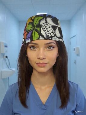Skull & Floral Print Scrub Cap Hat - Multicolor